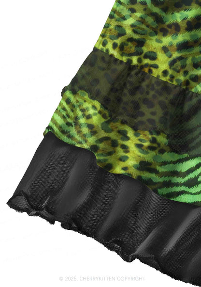Green Zebra Leopard Pattern St Patricks Y2K Print Mini Layered Skirt Cherrykitten