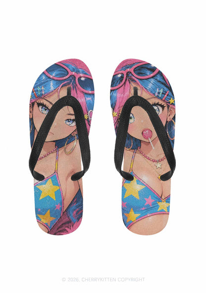 Kawaii Manga Girl Y2K Print Flip Flops Cherrykitten