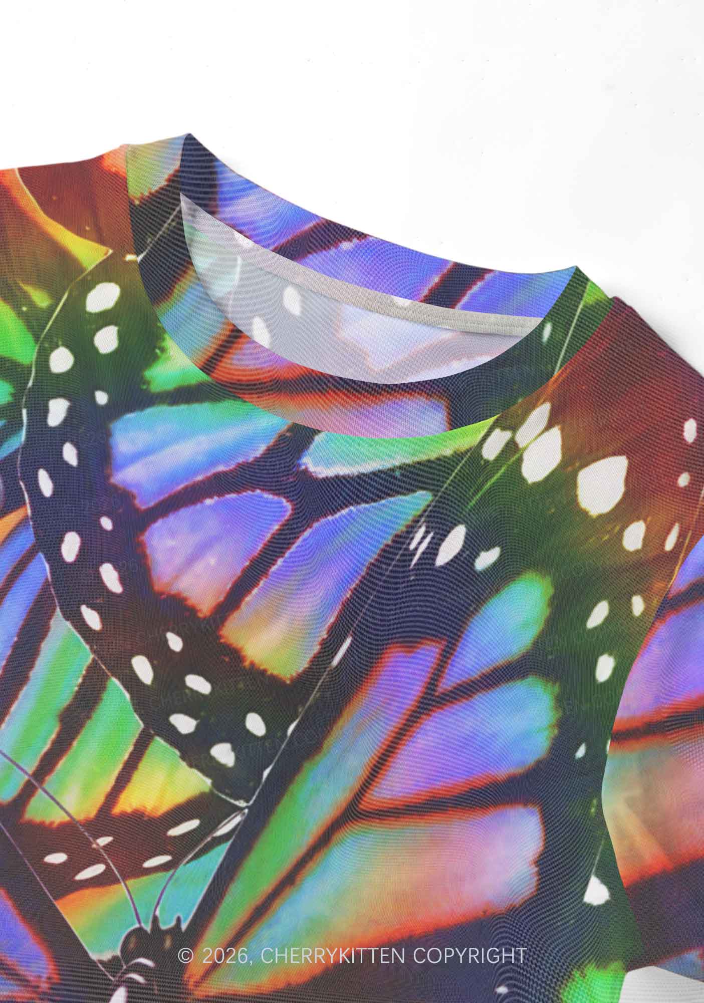 Rainbow Butterfly Y2K Mesh Crop Top Cherrykitten