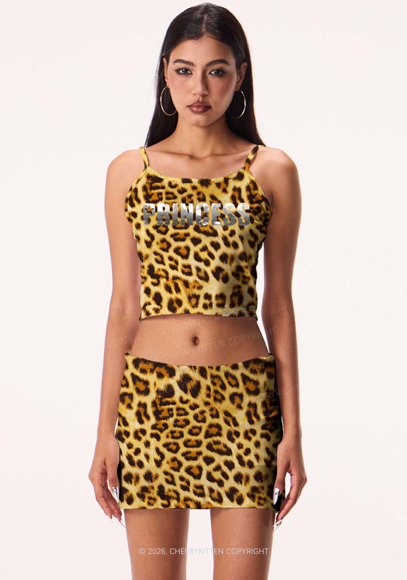 Princess Silver Foil Printed Y2K Brown Leopard Print Cami Crop Top Cherrykitten
