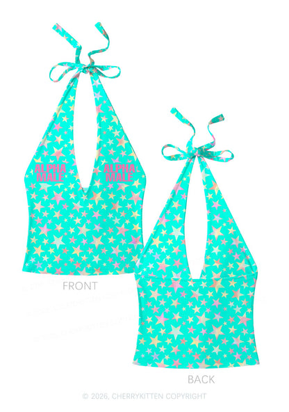 Blue Alpha Male Star Y2K Print Halter Deep V Neck Cami Cherrykitten