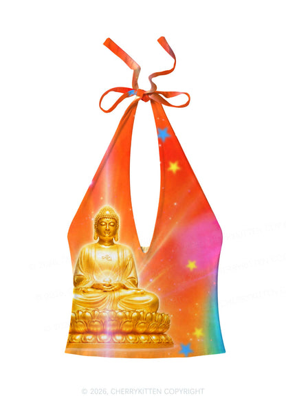 Golden Buddha Y2K Print Halter Deep V Neck Cami Cherrykitten