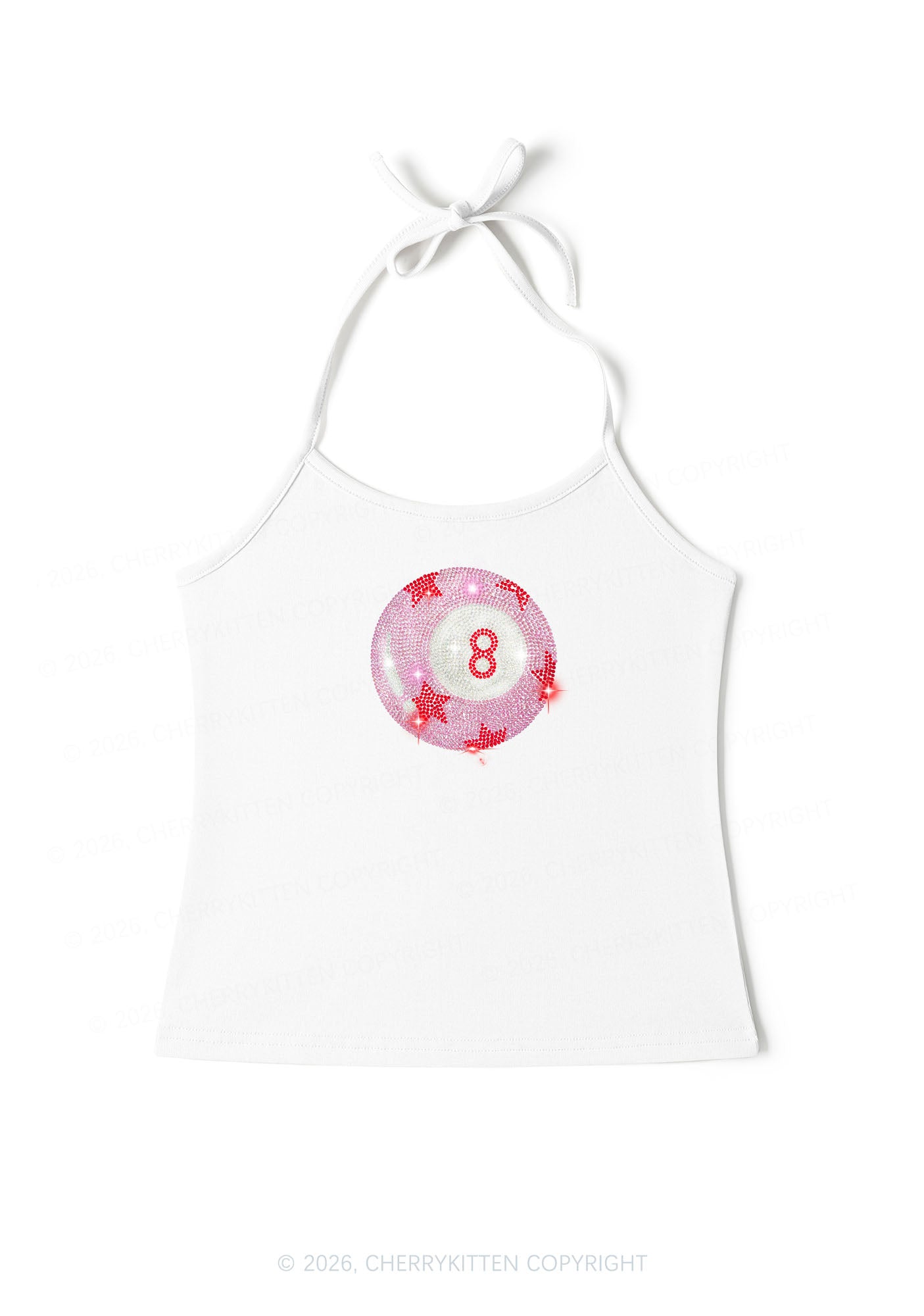 Rhinestone Pink Eight Ball Star Y2K Halter Neck Cami Cherrykitten
