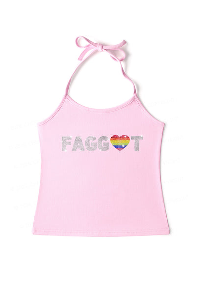 Rhinestone Rainbow Heart Faggot Pride Y2K Halter Neck Cami Cherrykitten