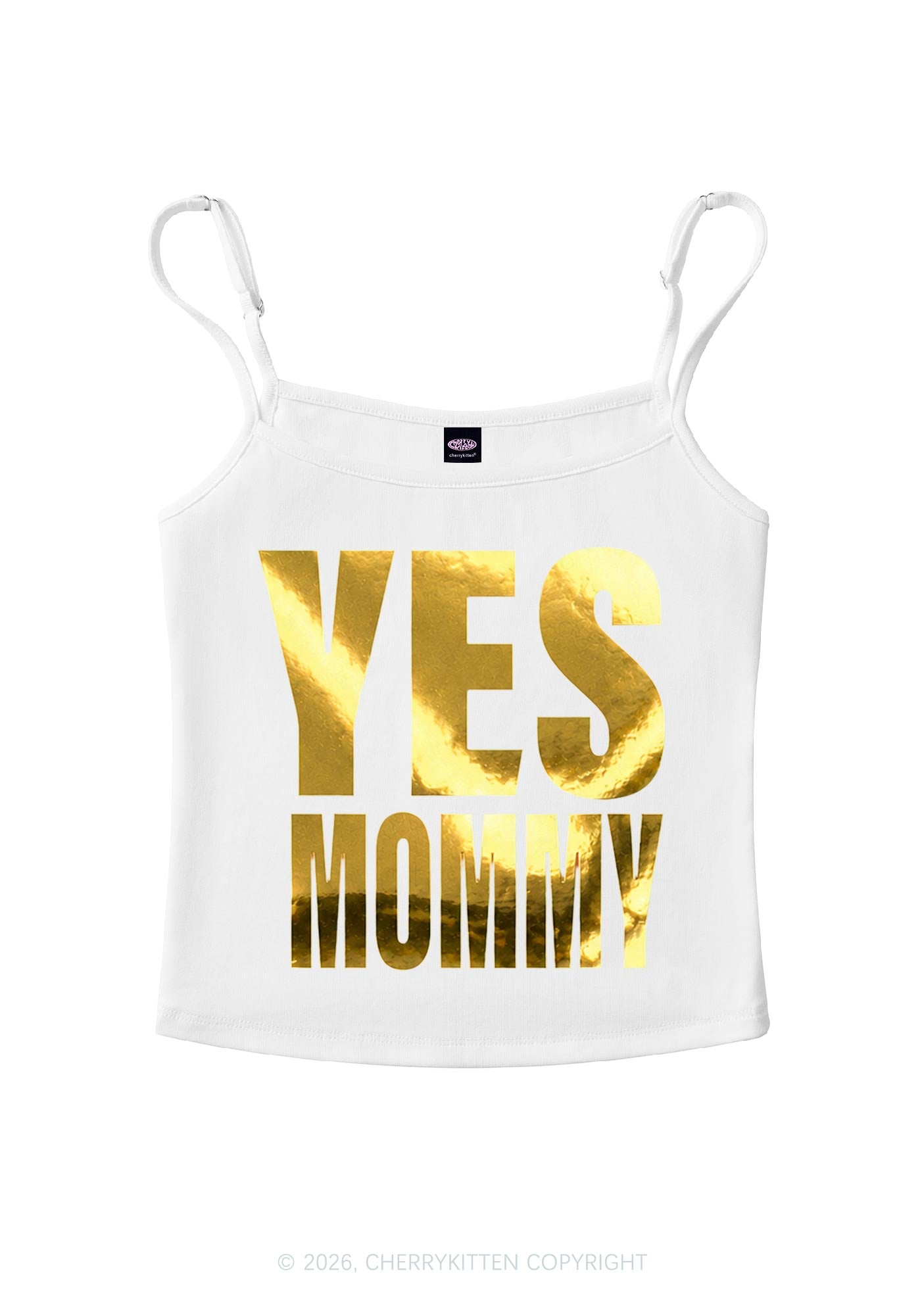 Yes Mommy Silver Foil Printed Y2K Spaghetti Strap Cami Cherrykitten