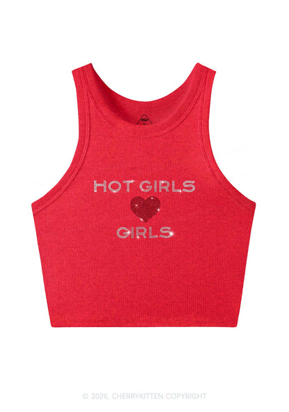 Rhinestone Hot Girls Love Girls Pride Y2K Crop Tank Top Cherrykitten