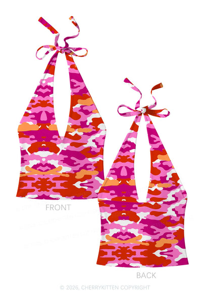 Lesbian Camouflage Pride Y2K Print Halter Deep V Neck Cami Cherrykitten