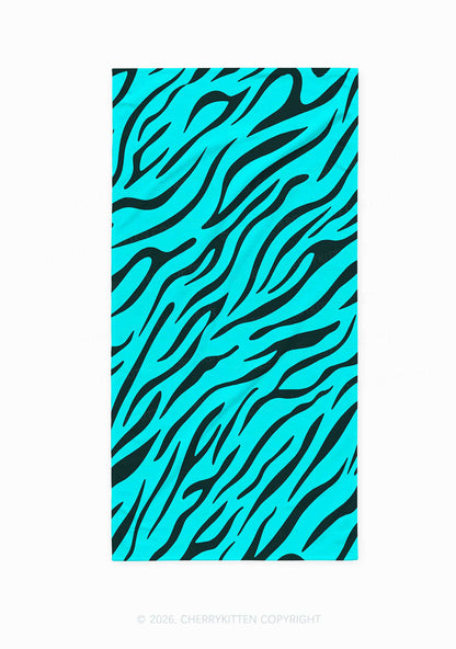 Bright Cyan Zebra Stripes Y2K Beach Towel Cherrykitten