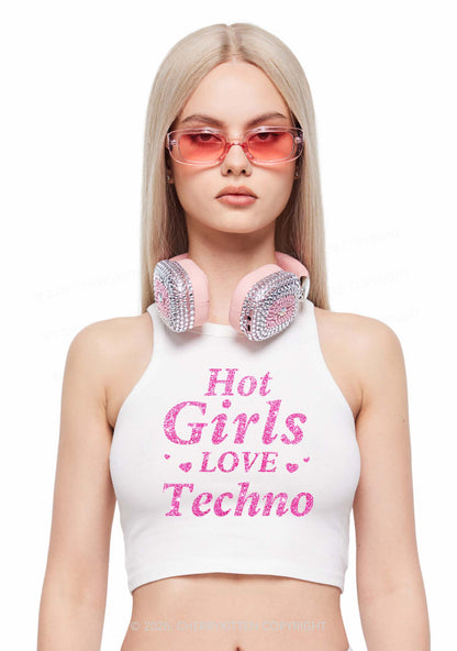 Glitter Hot Girls Love Techno Y2K Crop Tank Top Cherrykitten