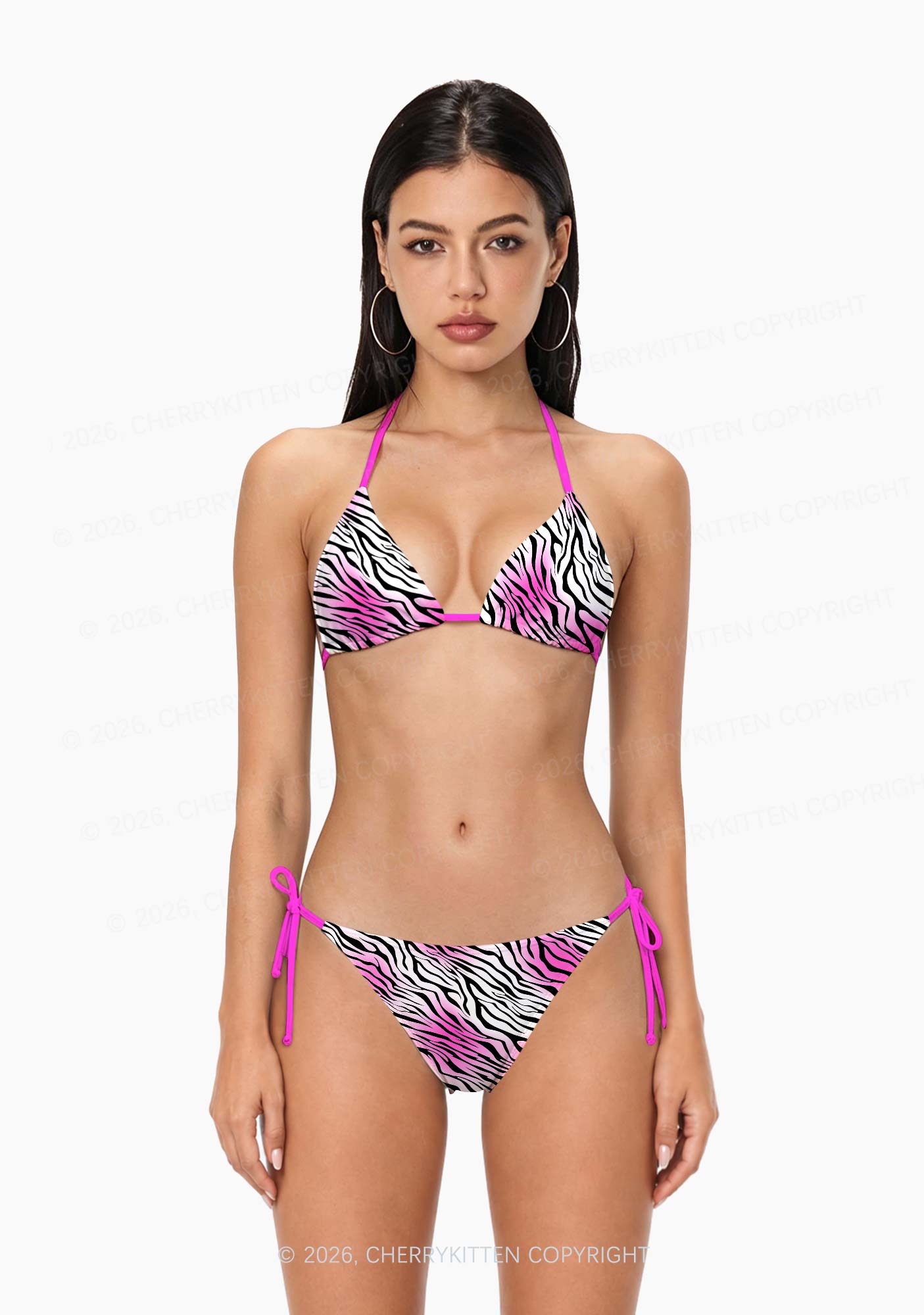 Gradient Pink Zebra Stripe Y2K Print Bikini Set Cherrykitten