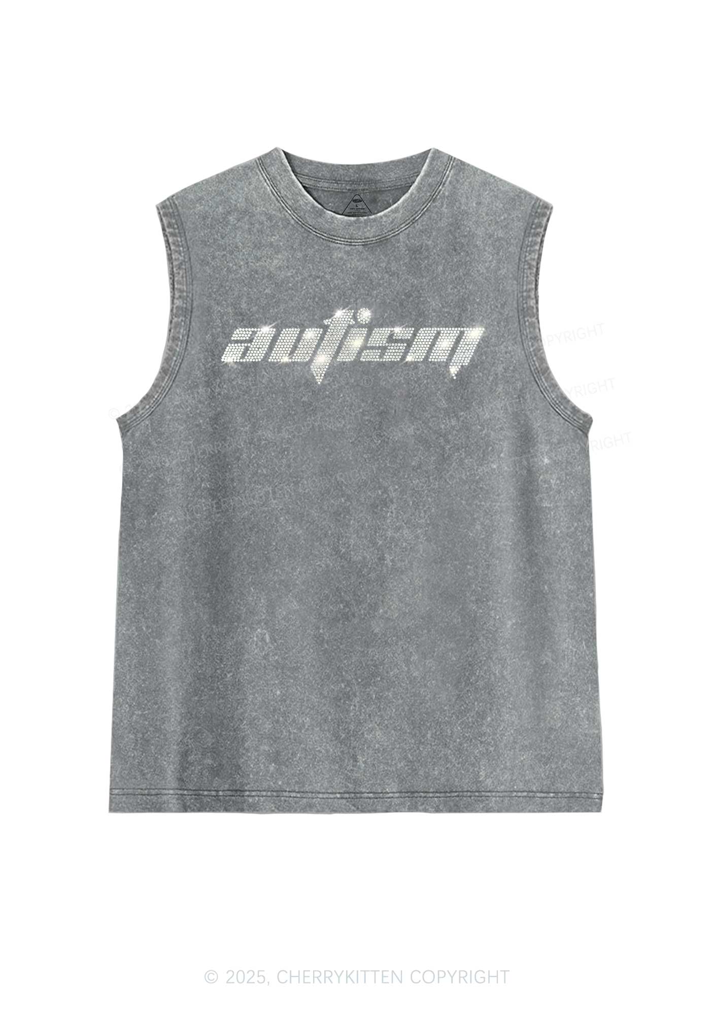 Rhinestone Autism Y2K Washed Muscle Tank Cherrykitten