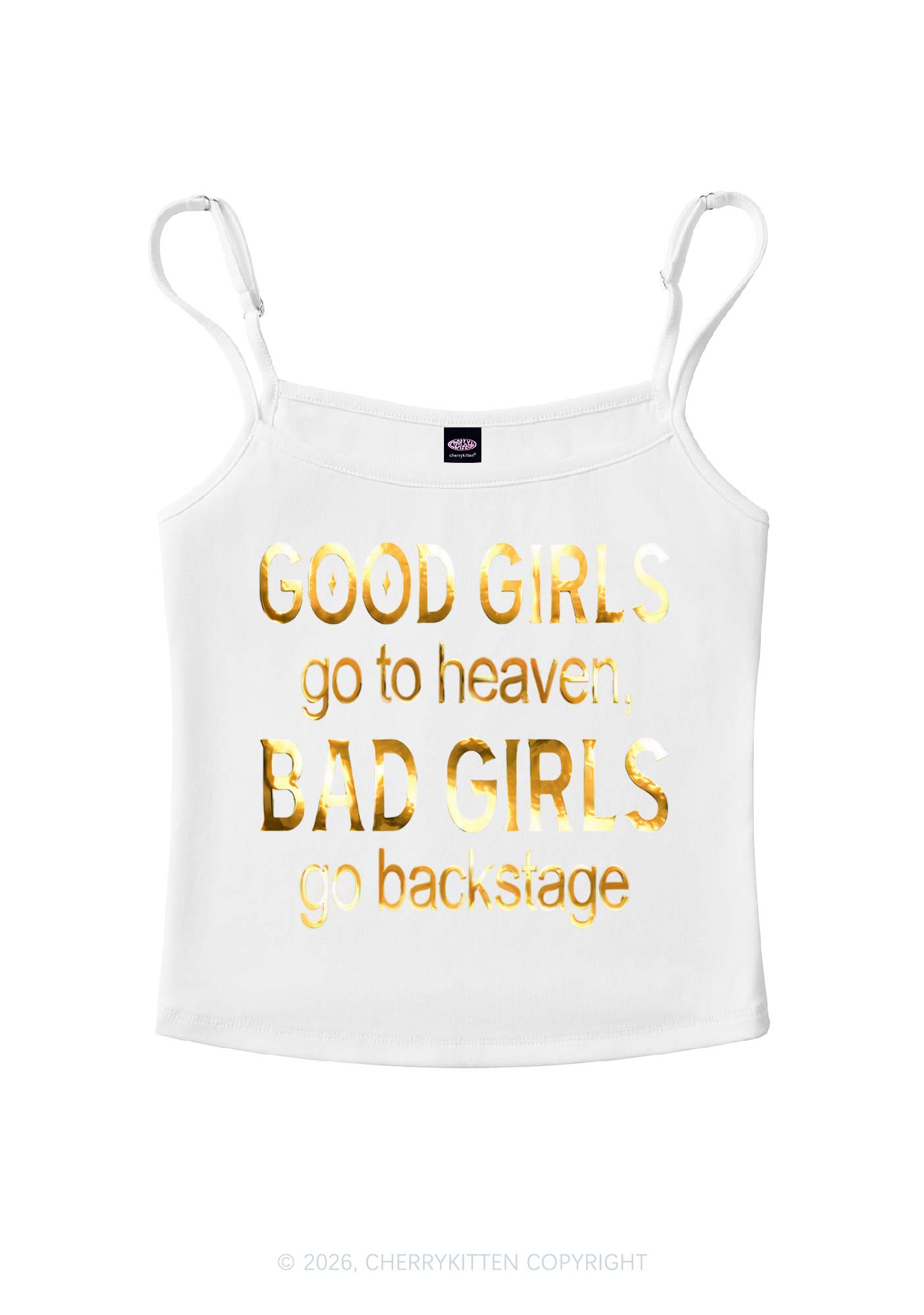 Bad Girls Go Backstage Silver Foil Printed Y2K Spaghetti Strap Cami Cherrykitten