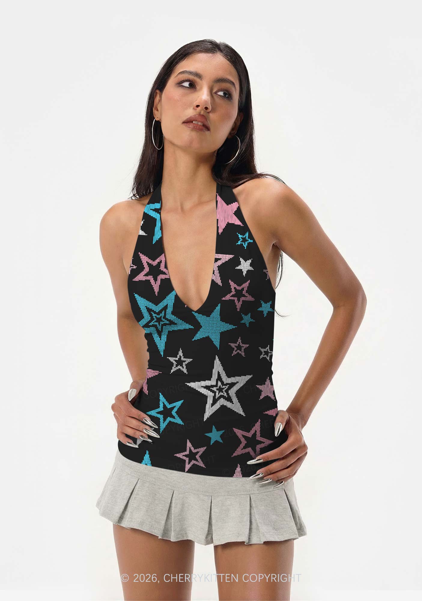 Trans Star Pride Y2K Print Halter Deep V Neck Cami Cherrykitten