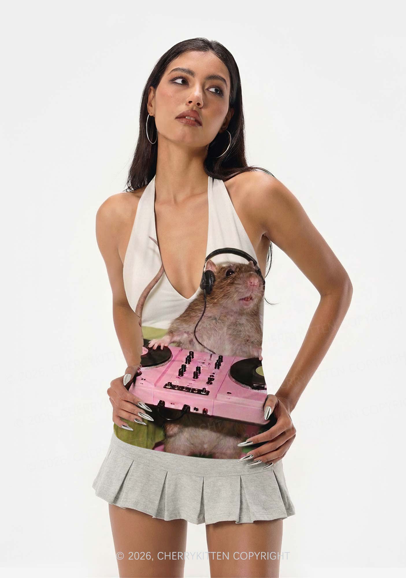Dj Rat Pink Turntable Y2K Print Halter Deep V Neck Cami Cherrykitten