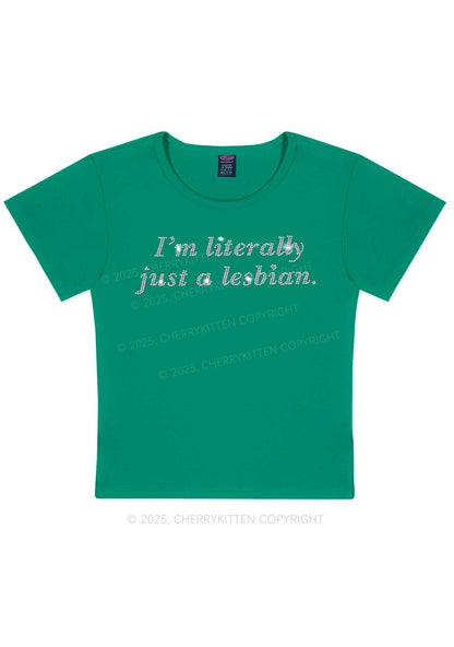 Rhinestone Literally Just A Lesbian Pride Y2K Baby Tee Cherrykitten