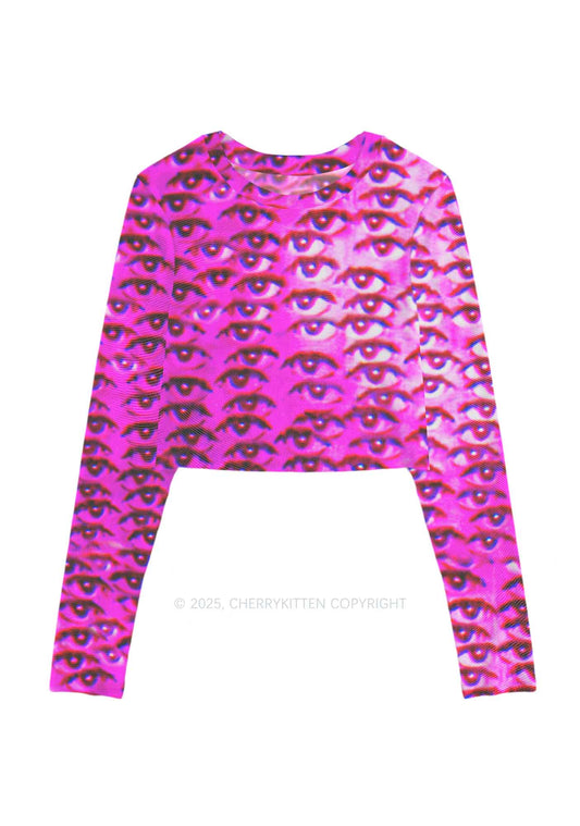 Halloween Pink Eyes Y2K Mesh Long Sleeve Crop Top Cherrykitten