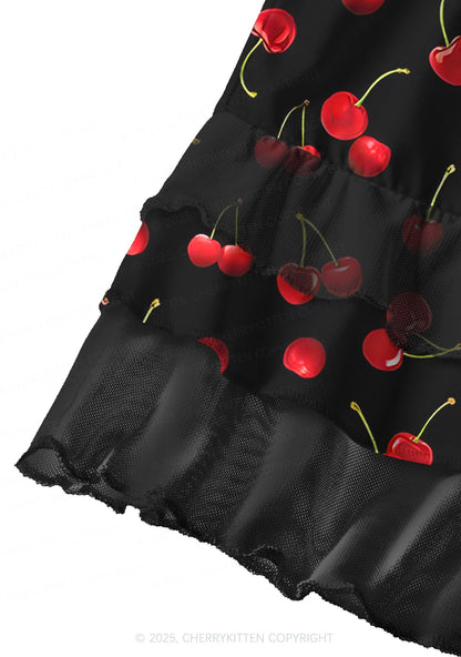 Black Cherry Valentine's Day Y2K Print Mini Layered Skirt Cherrykitten