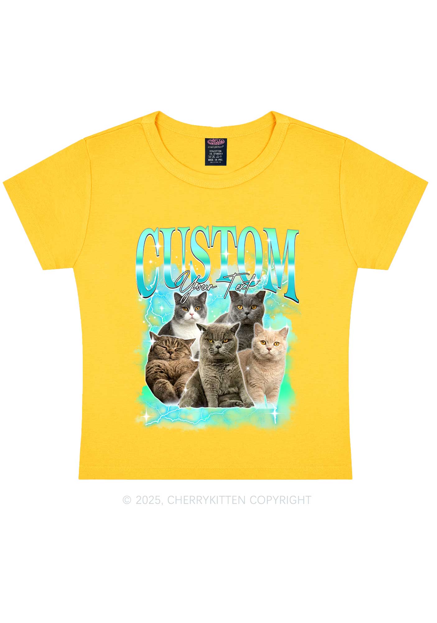 Custom Neon Lightning Cat Photo Y2K Baby Tee Cherrykitten