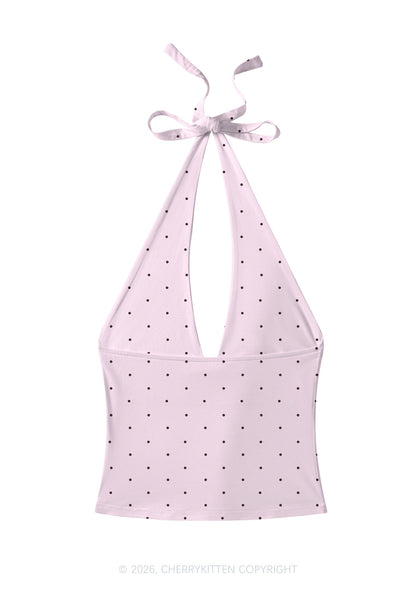 Brown Cxxt Dots Y2K Print Halter Deep V Neck Cami Cherrykitten