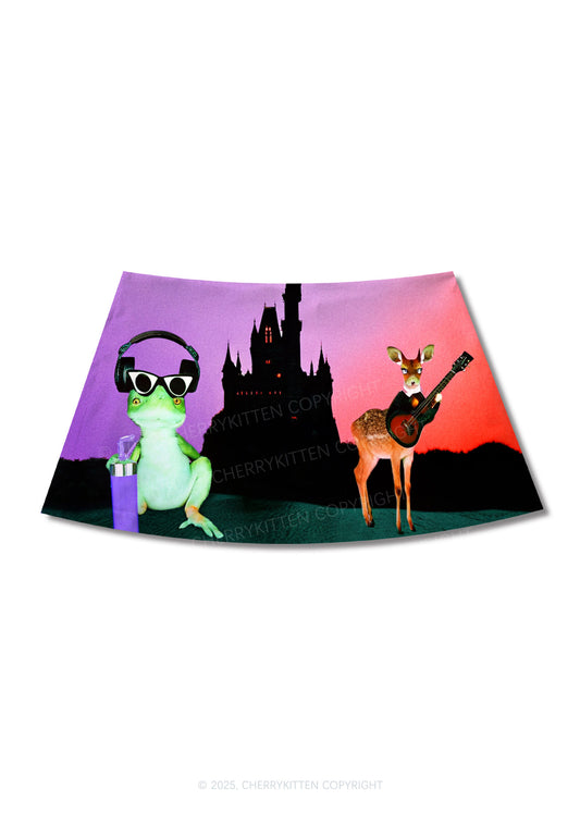 Frog Deer Castle Y2K Print Mini Skirt Cherrykitten