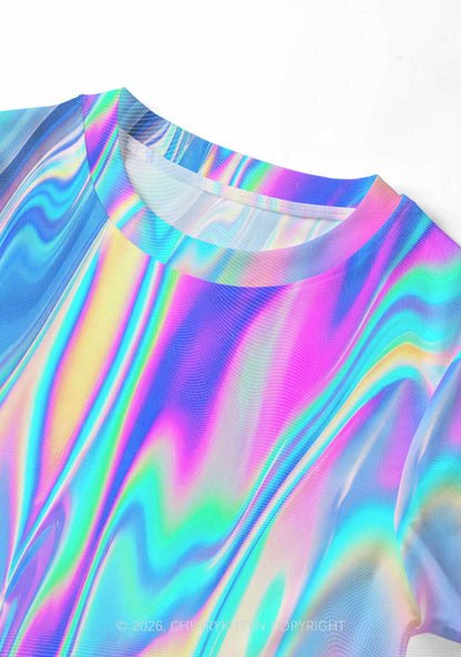 Holographic Iridescent Swirl Y2K Mesh Crop Top Cherrykitten