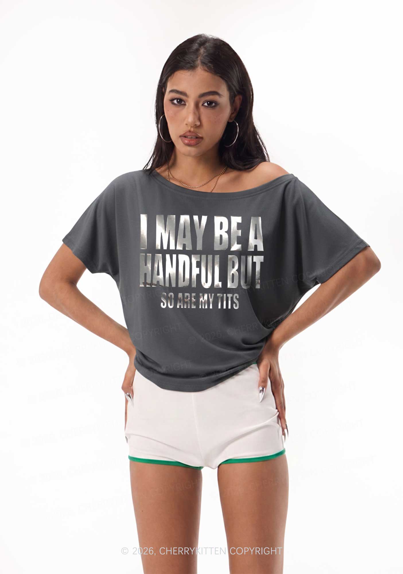 I May Be Handful Silver Foil Printed Y2K Off Shoulder Tee Cherrykitten
