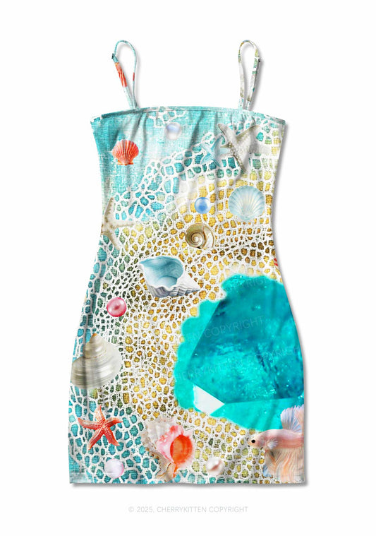 Seashell Fantasy Y2K Print Slip Dress Cherrykitten