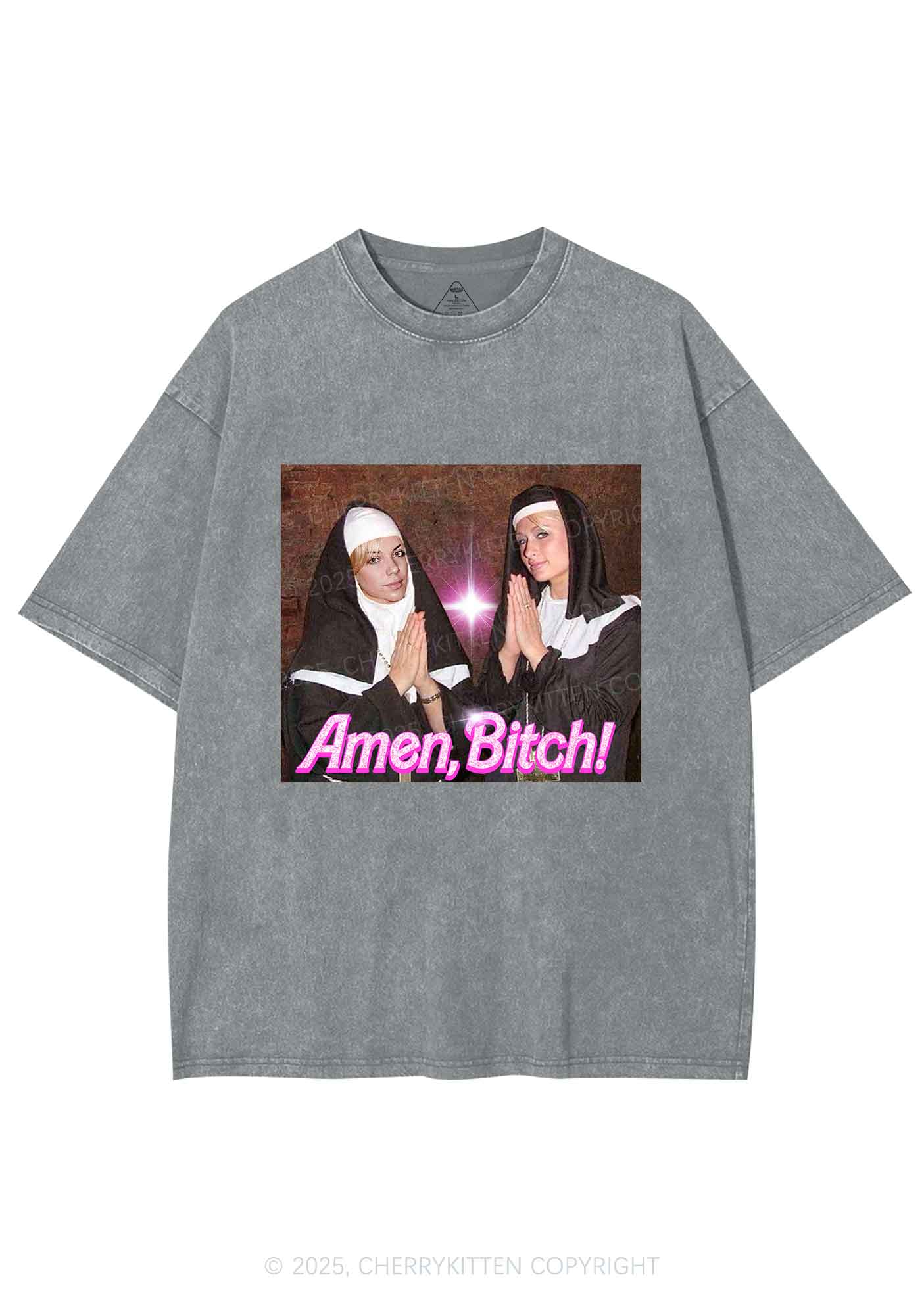 Custom Amen Bxtch Y2K Shirts Washed Tee Cherrykitten