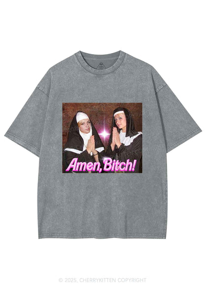Custom Amen Bxtch Y2K Shirts Washed Tee Cherrykitten