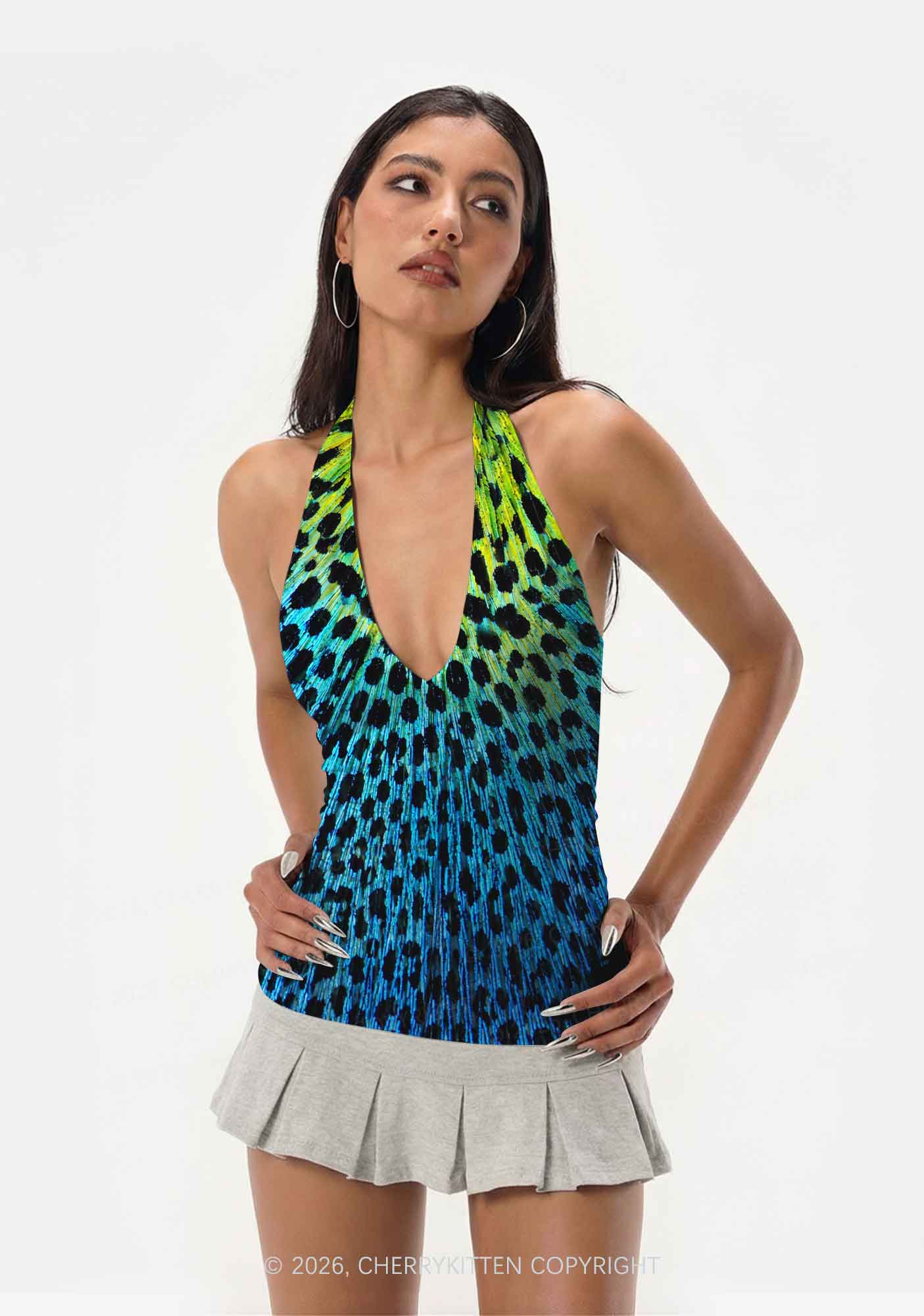 Peacock Feather Texture Y2K Print Halter Deep V Neck Cami Cherrykitten