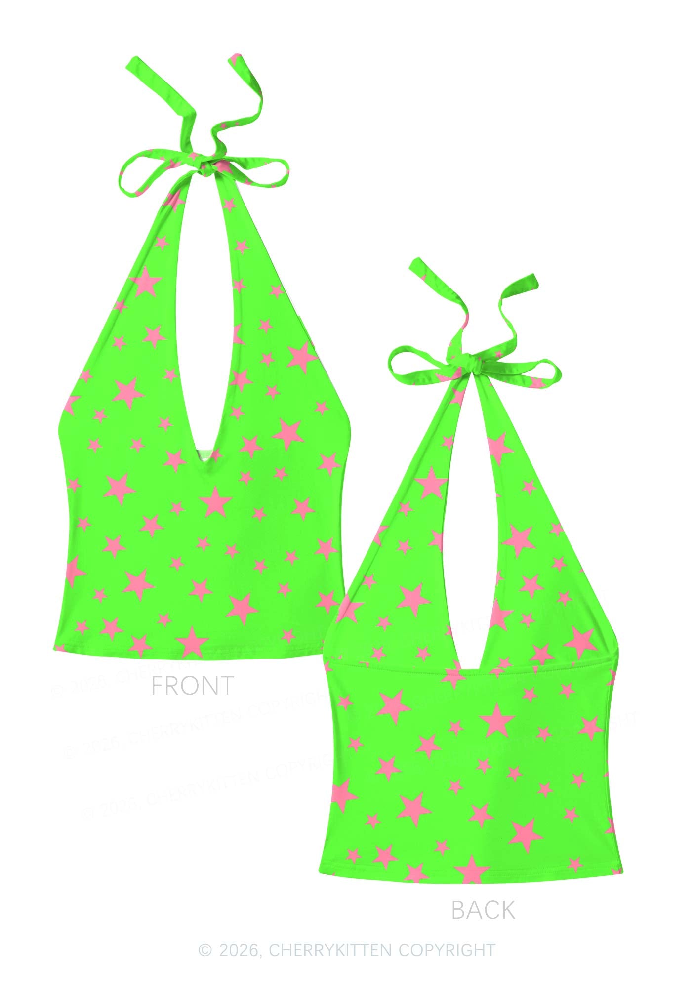 Pink Star On Green Y2K Print Halter Deep V Neck Cami Cherrykitten
