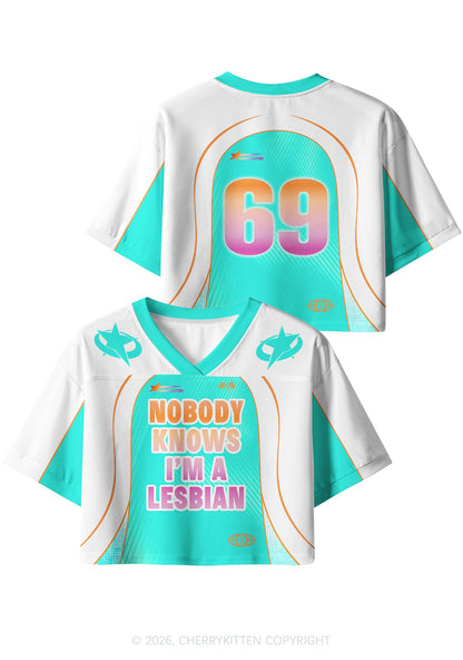Nobody Knows Im Lesbian Pride Y2K Crop Sport Jersey Shirts Cherrykitten