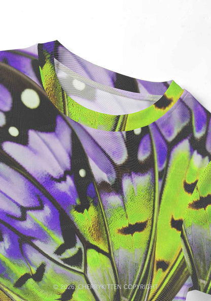 Purple Lime Butterfly Wing Y2K Mesh Crop Top Cherrykitten