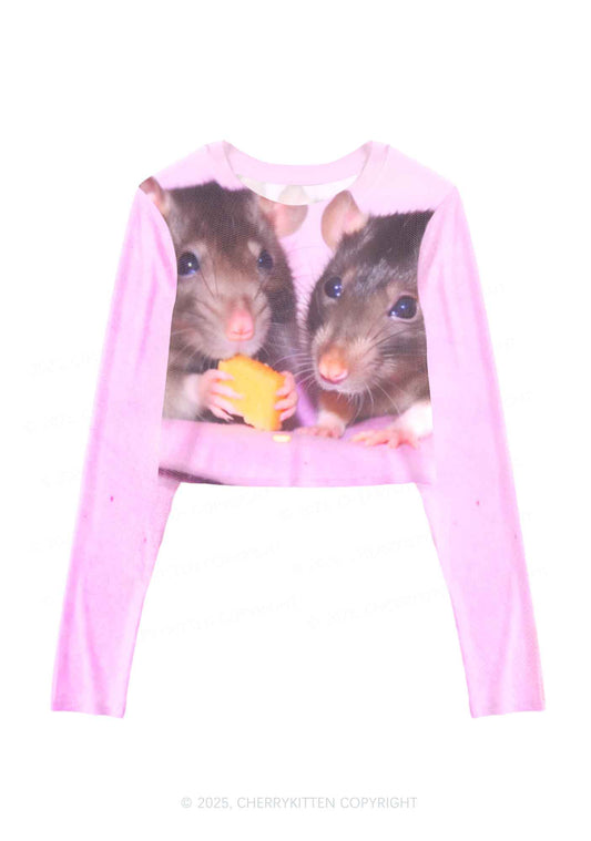 Cheese Rat Y2K Mesh Long Sleeve Crop Top Cherrykitten