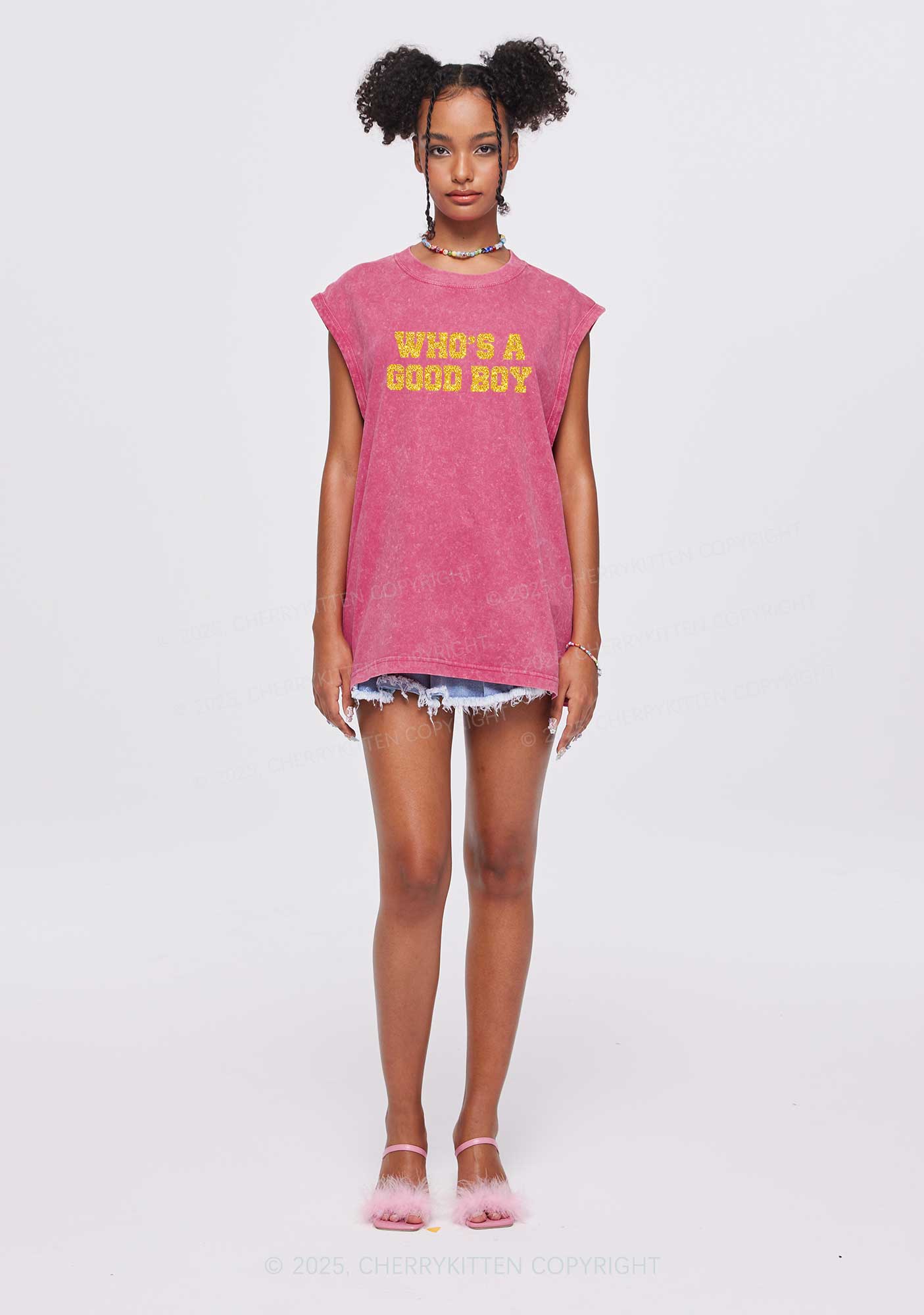 Glitter Whos A Good Boy Y2K Washed Muscle Tank Cherrykitten