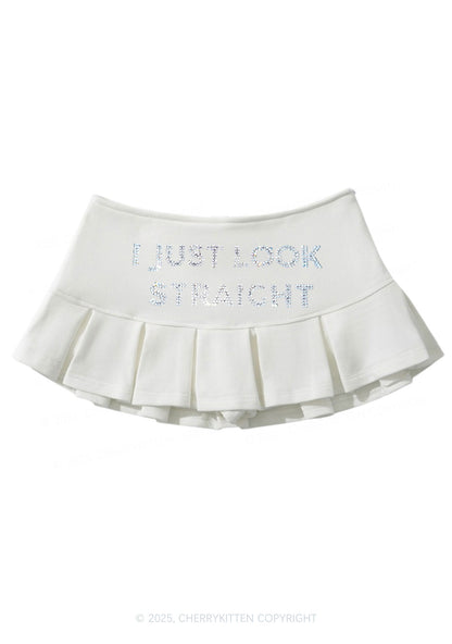 Rhinestone I Just Look Straight Pride Y2K Mini Pleated Skirts Cherrykitten