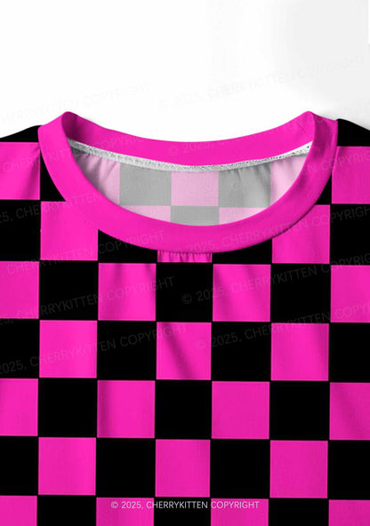 Black And Pink Check Valentine's Day Y2K Print Long Sleeve Pajama Set Cherrykitten