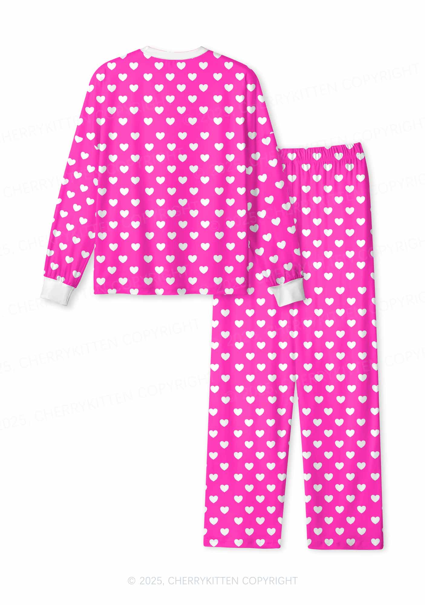 White Heart On Pink Valentine's Day Y2K Print Long Sleeve Pajama Set Cherrykitten