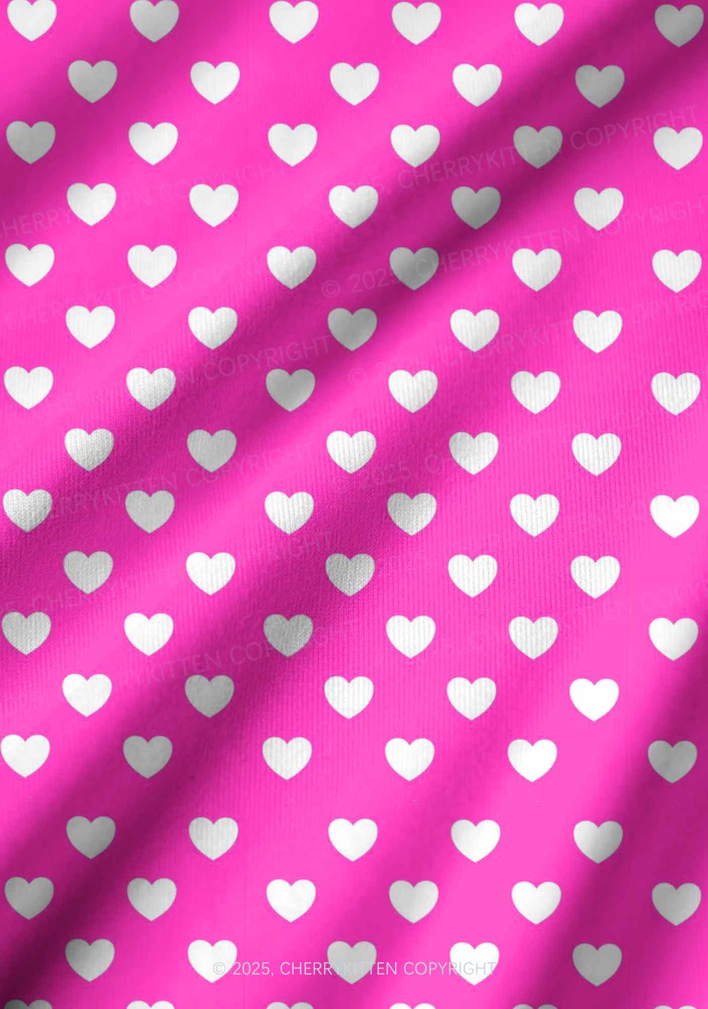 White Heart On Pink Valentine's Day Y2K Print Long Sleeve Pajama Set Cherrykitten