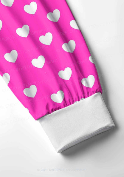 White Heart On Pink Valentine's Day Y2K Print Long Sleeve Pajama Set Cherrykitten