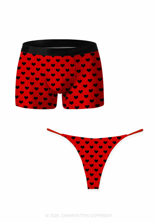 Black Heart On Red Valentine's Day Y2K Print Couples Boxer Thong Set Cherrykitten
