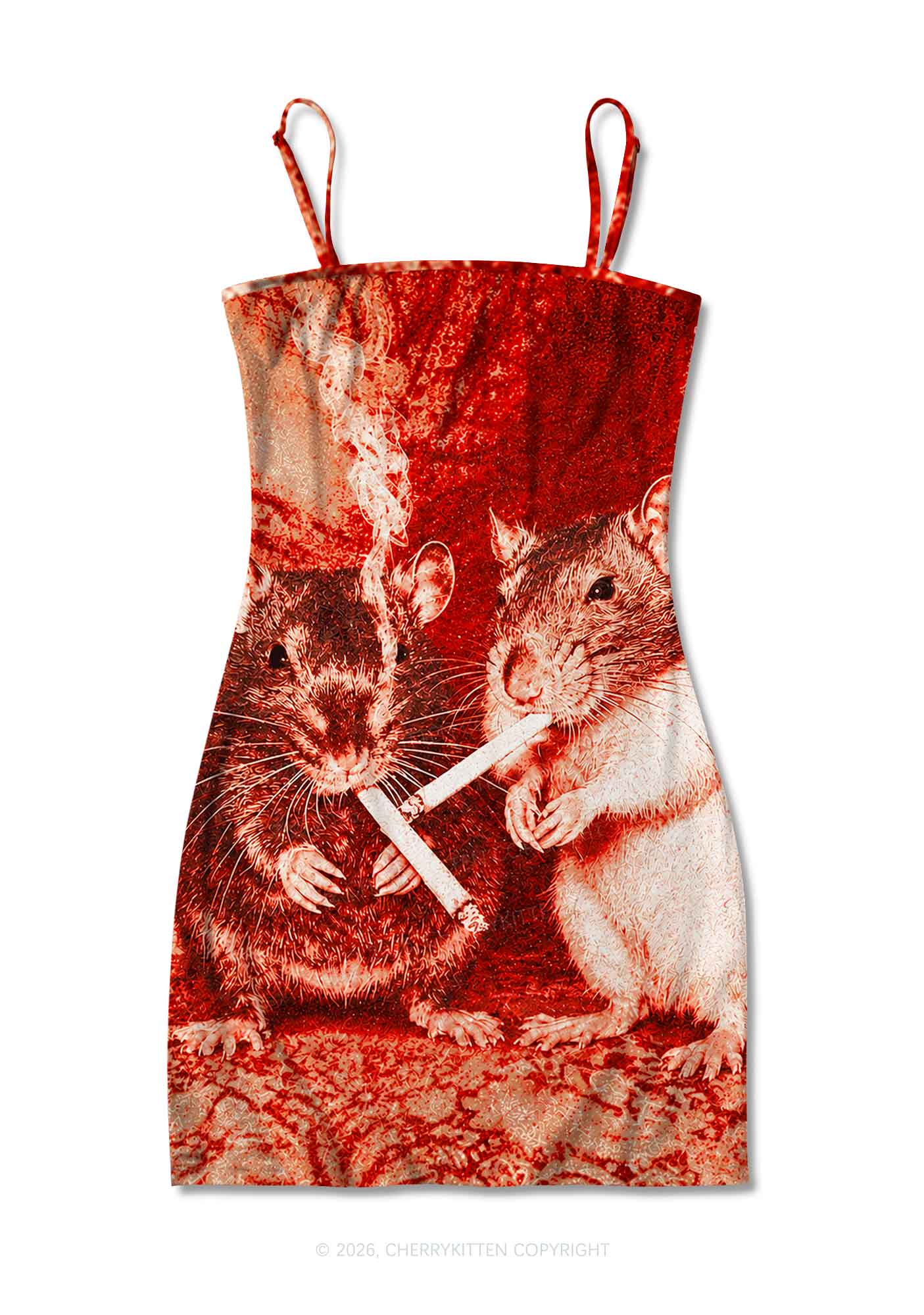 Halloween Blood Smoking Ratz Y2K Print Slip Dress Cherrykitten