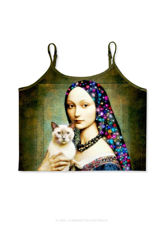 Renaissance Lady With Cat Y2K Print Cami Crop Top Cherrykitten