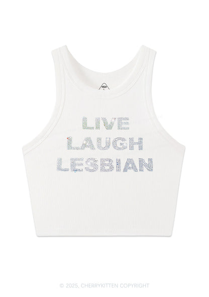 Rhinestone Live Laugh Lesbian Pride Y2K Crop Tank Top Cherrykitten