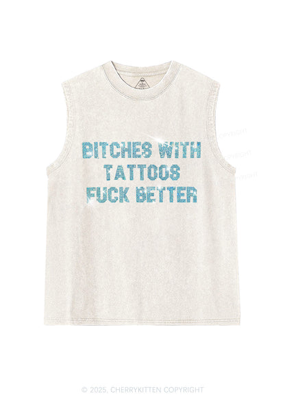Rhinestone Bxxches With Tattoos Fxxk Better Y2K Washed Muscle Tank Cherrykitten