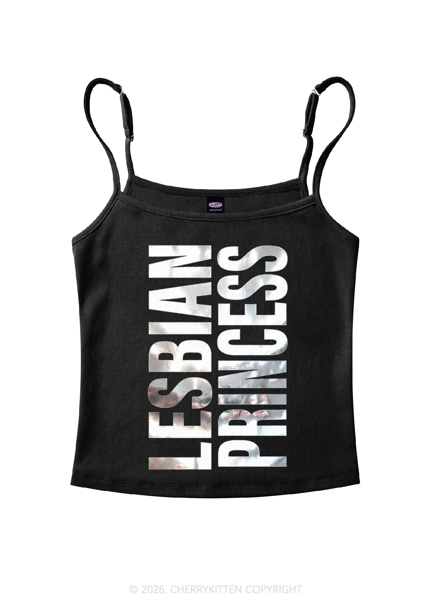 Lesbian Princess Pride Silver Foil Printed Y2K Spaghetti Strap Cami Cherrykitten
