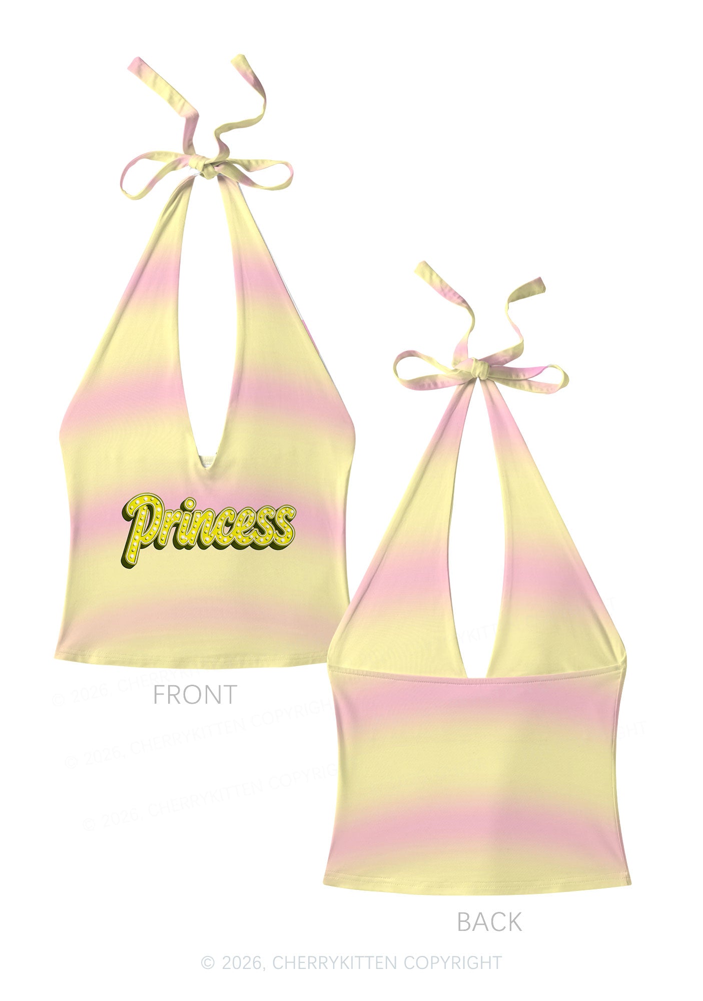 Pink Yellow Gradient Princess Y2K Print Halter Deep V Neck Cami Cherrykitten