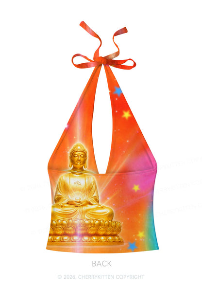 Golden Buddha Y2K Print Halter Deep V Neck Cami Cherrykitten