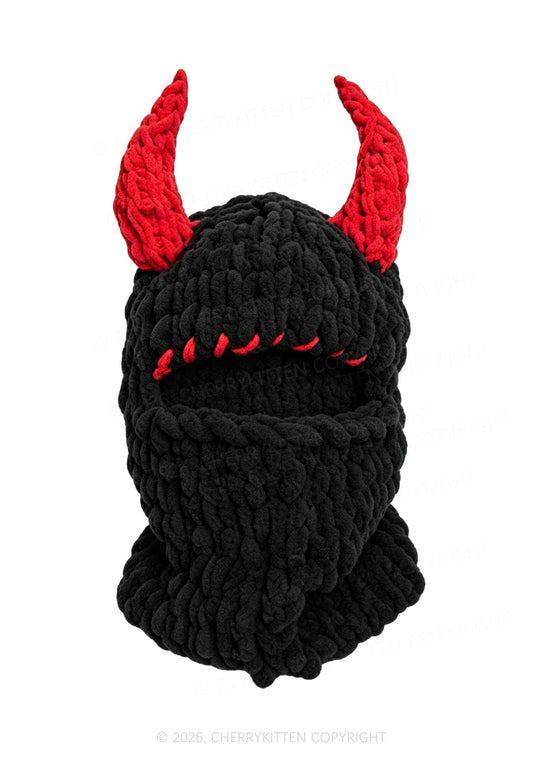 Halloween Color Block Devil Horn Y2K Knitted Balaclava Cherrykitten