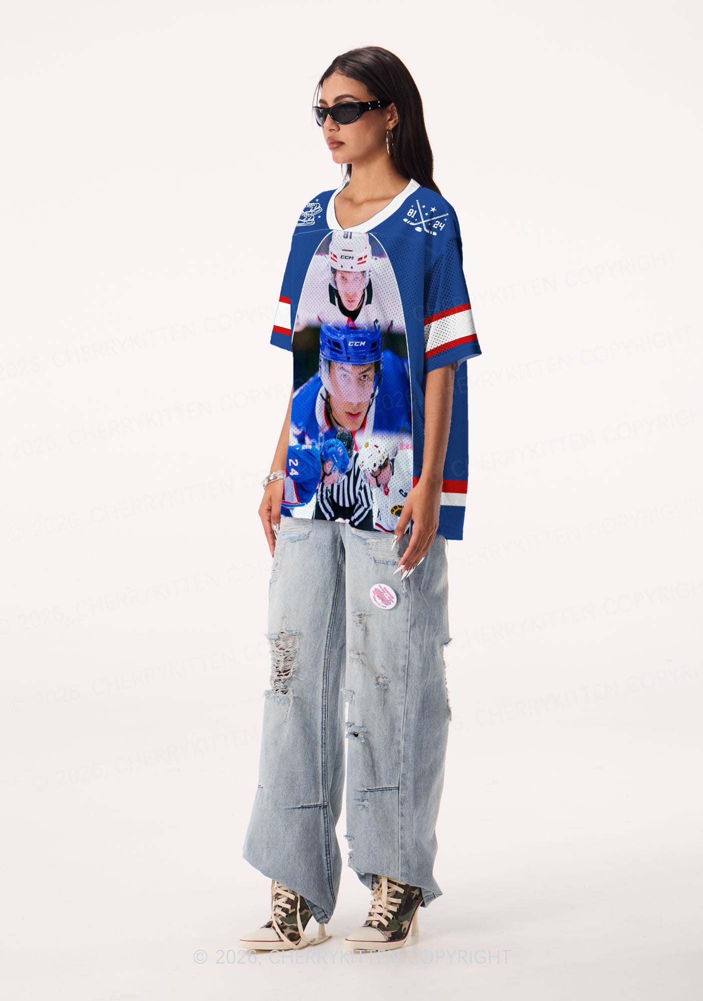 Blue Hockey Match HR Y2K Sport Jersey Shirts Cherrykitten